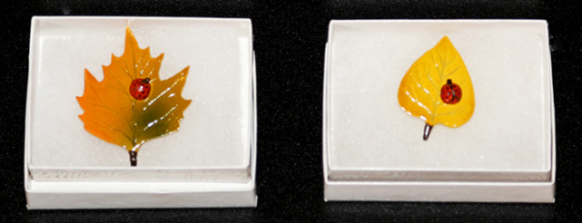 Hand Carved Leaf and Ladybug Pins - furnished in a white box 3-1/4" x 2-1/2" x 1"